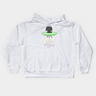 Funny black dog is flying a ufo Kids Hoodie